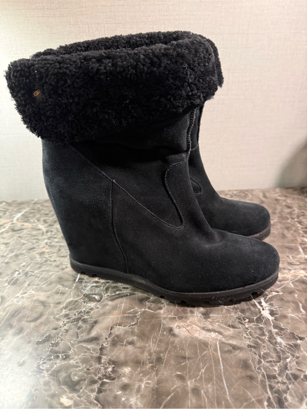 UGG Black Suede Wedge Shearling Cuff Boots